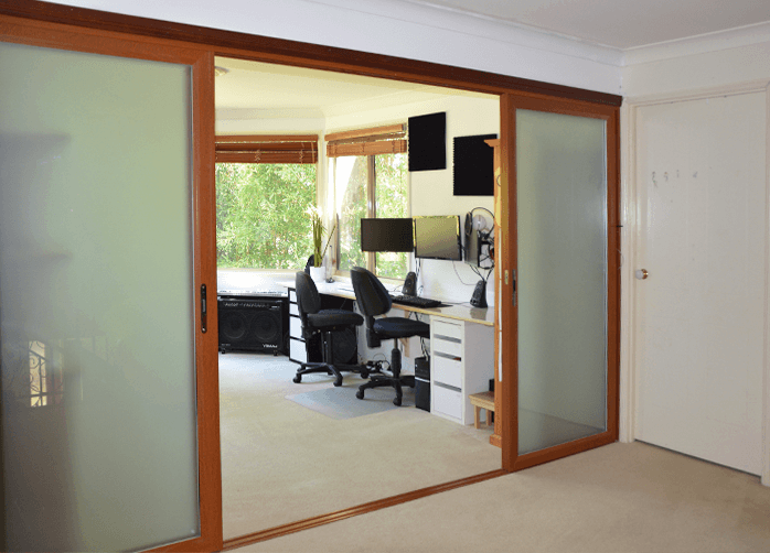 Doors Plus Zone Living Aluminium Full Glass Sliding door in woodgrain finish for Office Rooms