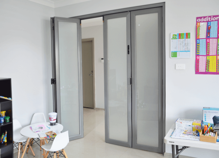 Doors Plus Zone Living Aluminium 4 Panel Painted Metal Tone Grey Finish with Translucent Glass Bifolds