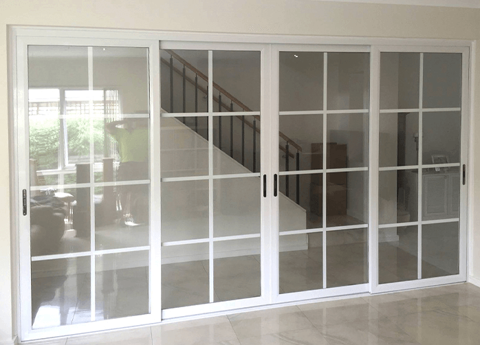Doors Plus Internal Zone Living Aluminium Painted White Clear Safeglass Design 7 Sliding Doors with 4 Panels