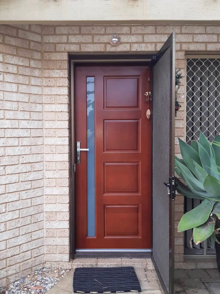 Single frosted glass front door with screen door open