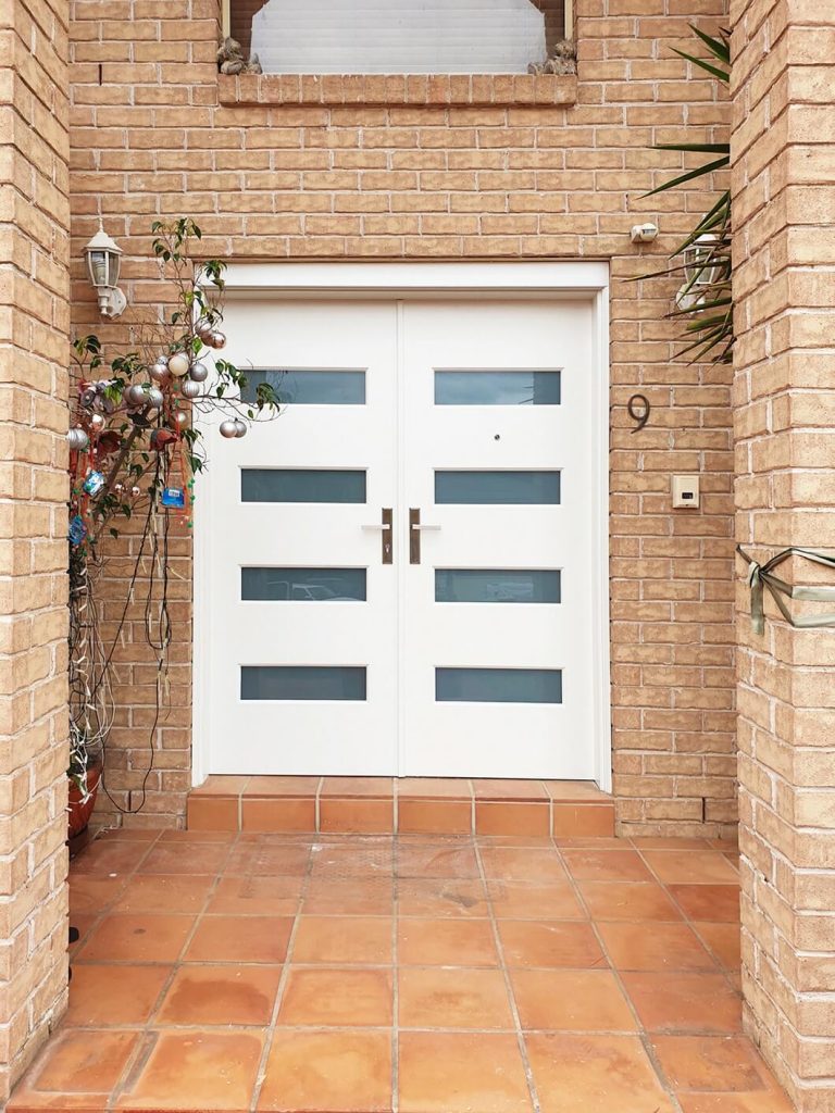 frosted glass double front doors with 4 panes of glass