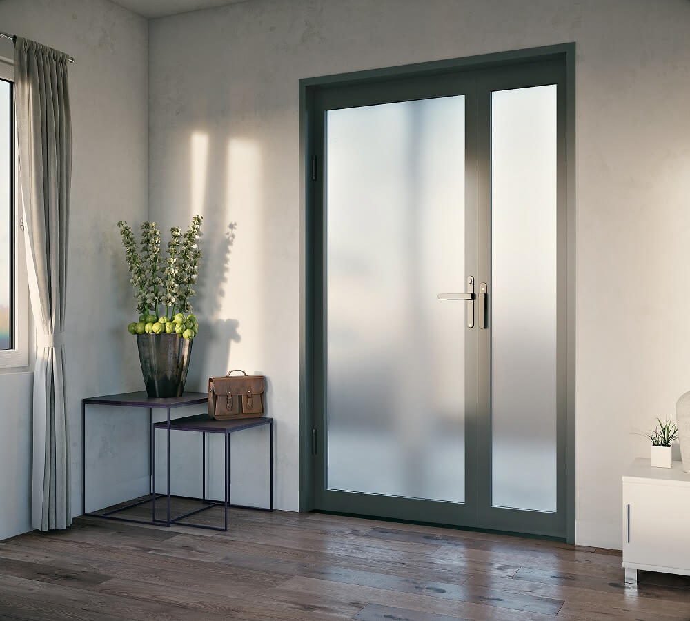 frosted glass front aluminium hinged door with sidepanel