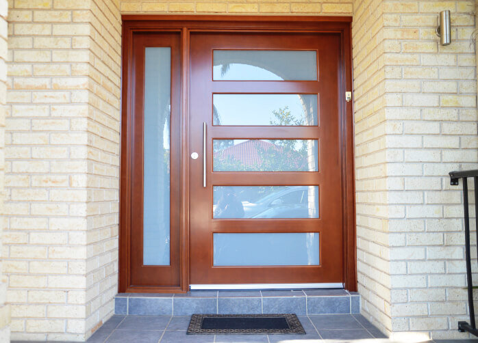 Doors Plus Eden Entrance Solid Timber Pacific Ash Wide door with side panel in translucent safeglass Stained in dark maple