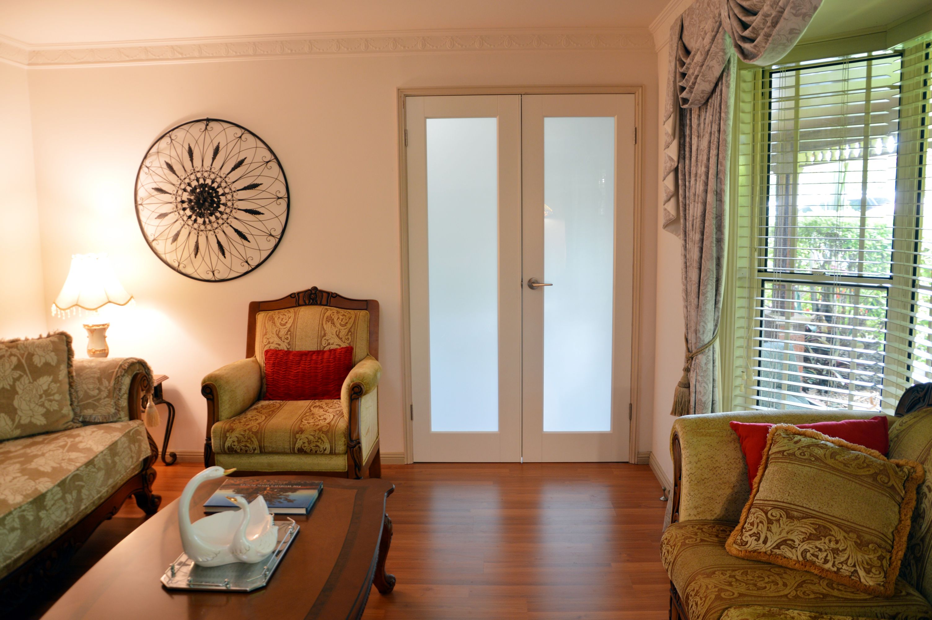 Doors Plus-Internal-Double French doors-Painted white-with Full translucent safeglass-for living room