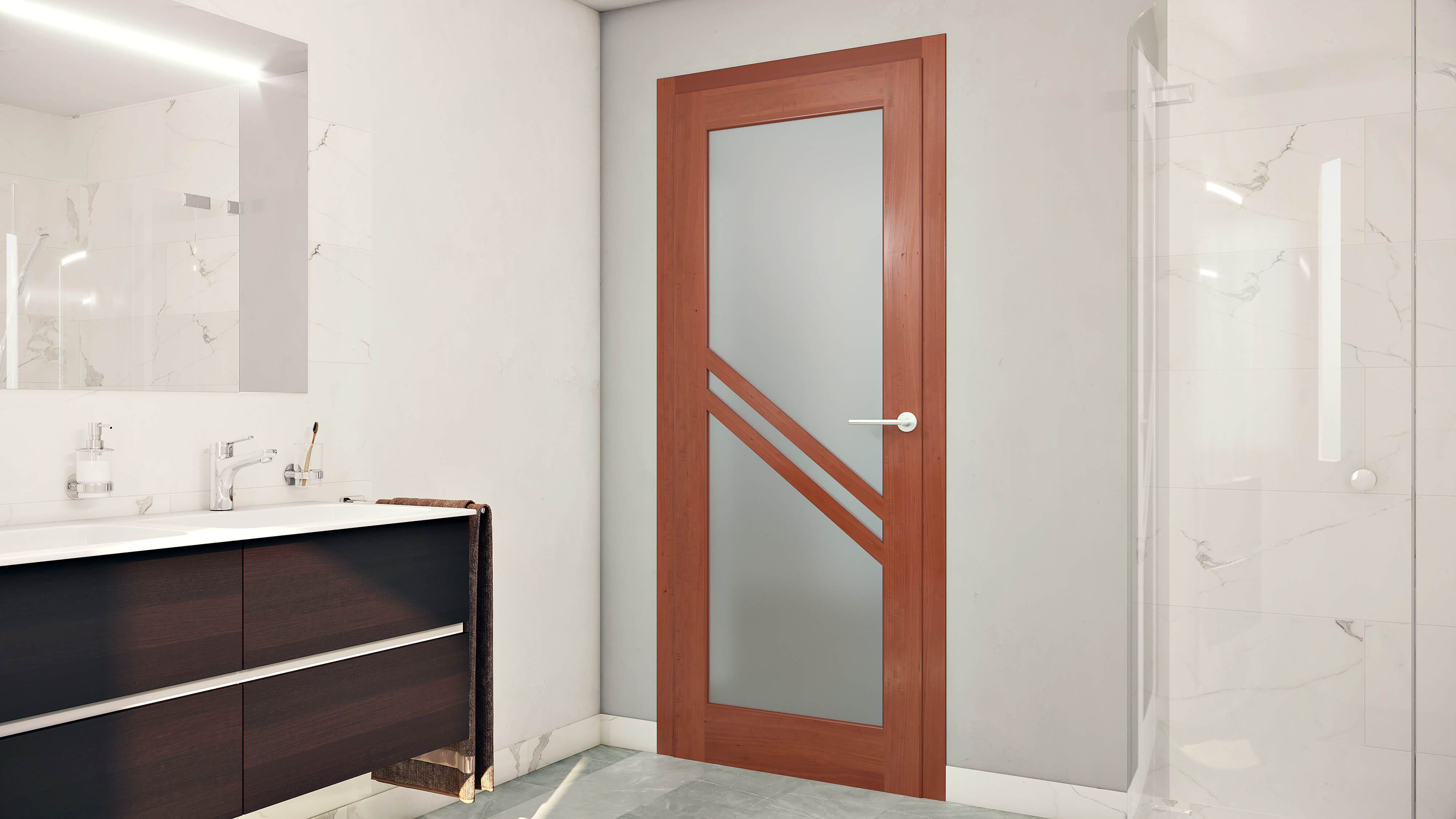 Doors Plus - Engineered Timber Door Featuring Translucent Glass Panel - Bathroom