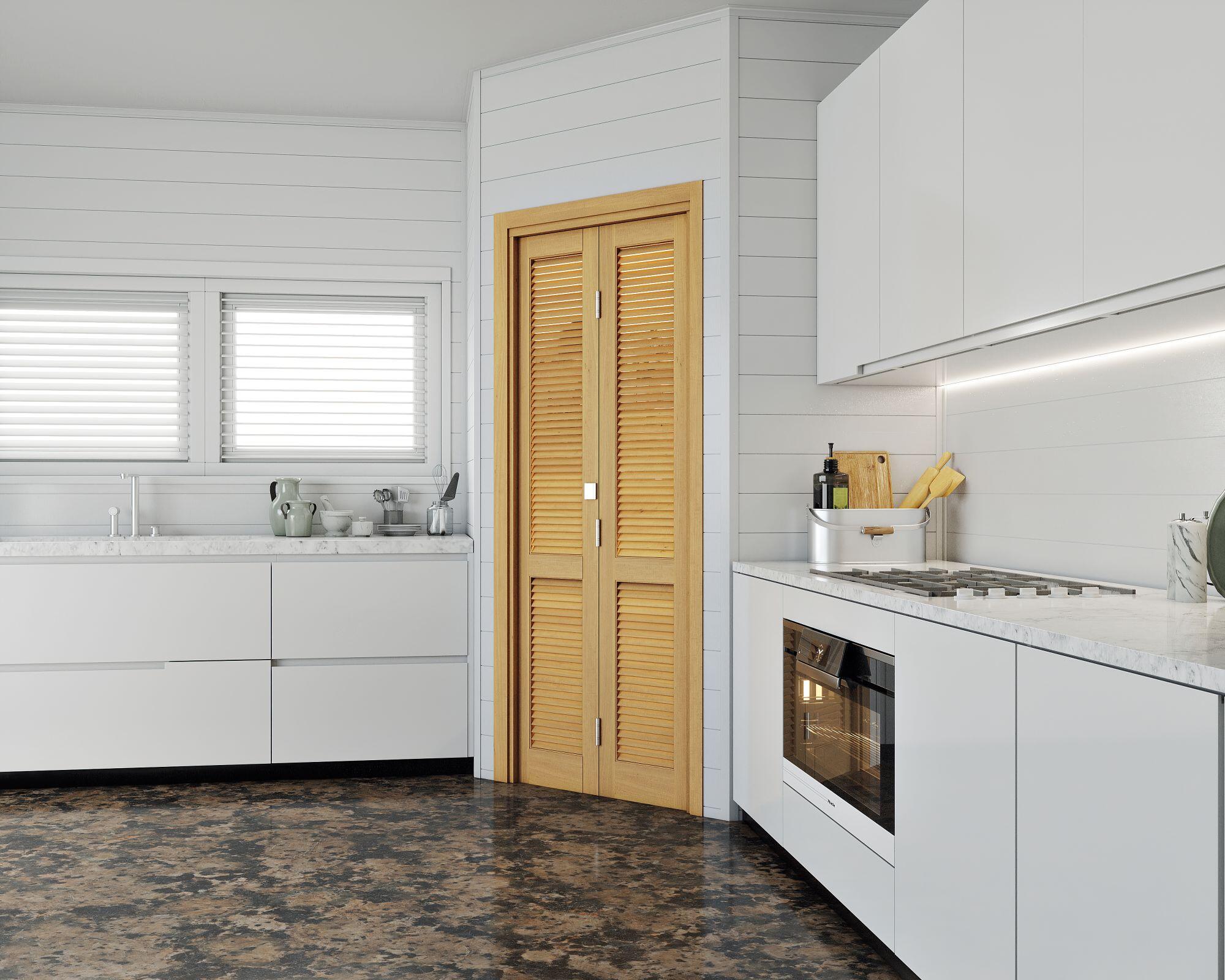 Doors Plus-Solid timber-Internal-Louvre Bifold Door-Stained Light Maple-Used for Kitchen Pantry - Door Closed