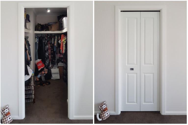 closet makeover before and after showing a new bifold door