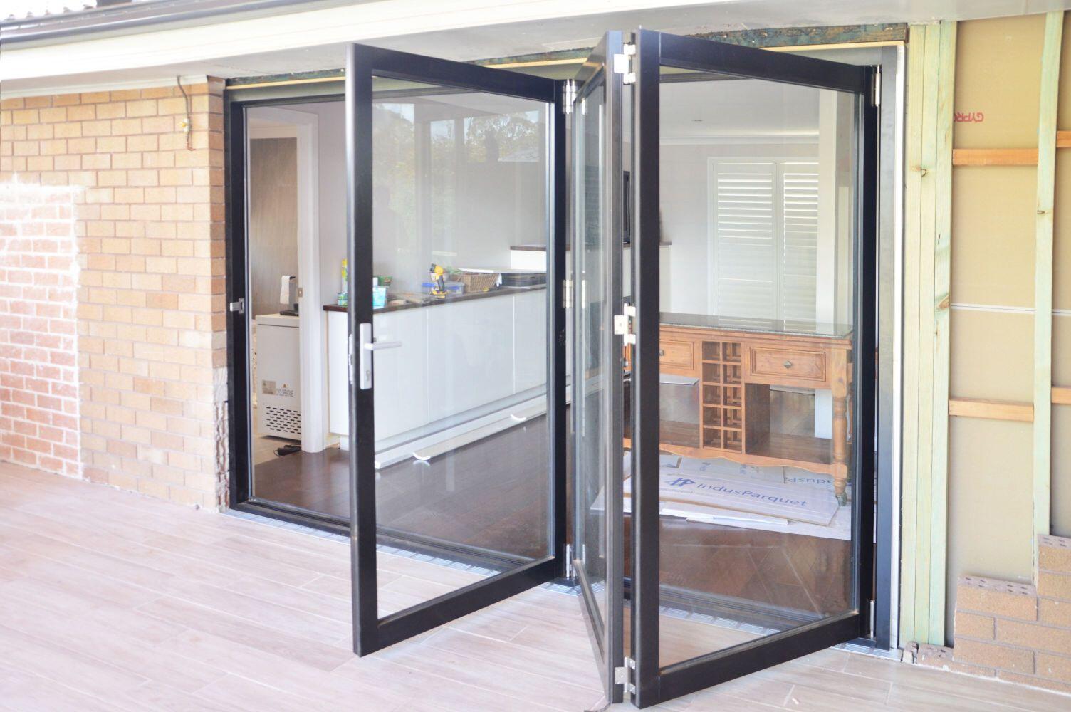 Doors Plus-External-Bona Vista-aluminium-Painted black-Bifolds door-with clear safe glass-custom made-outside look