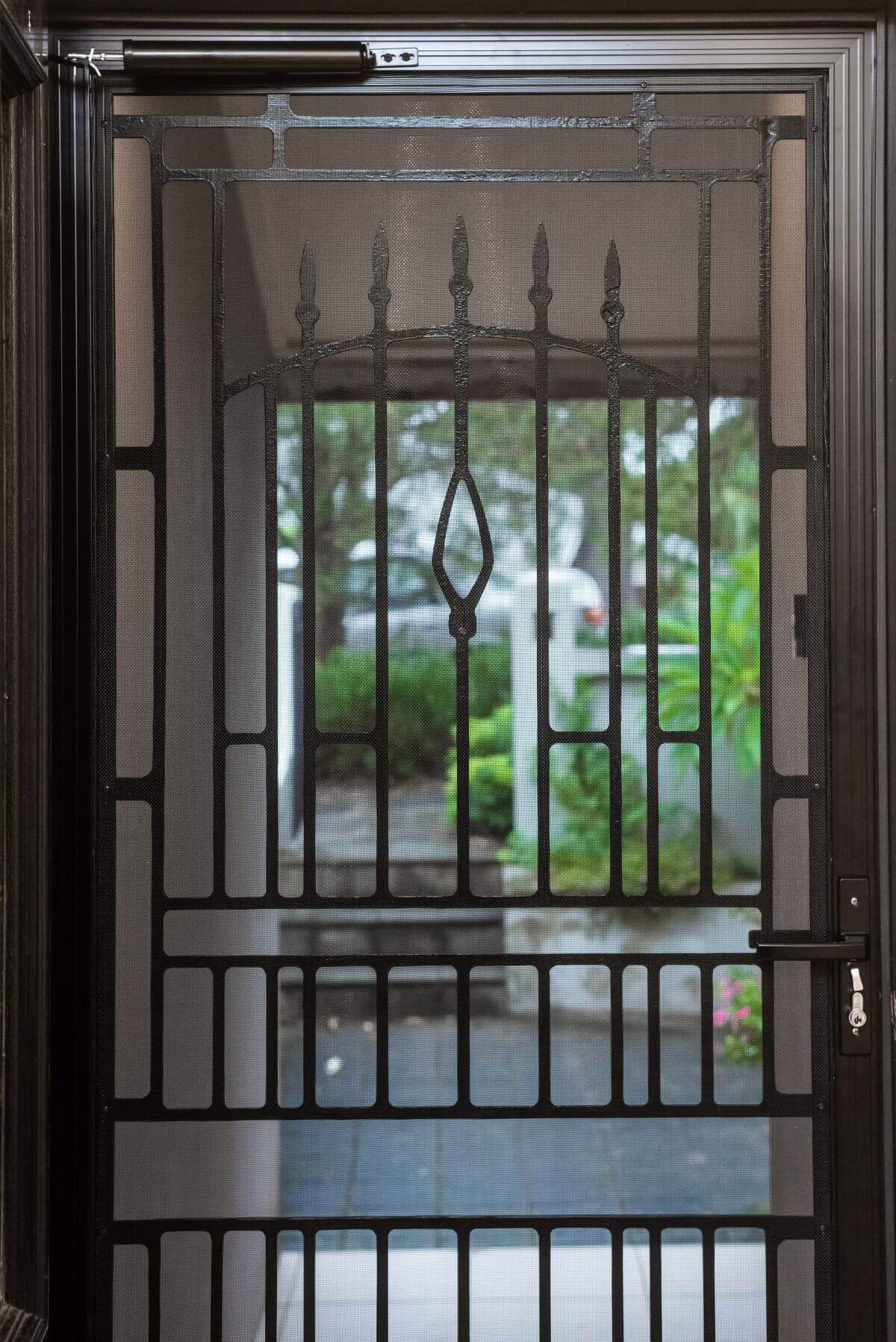 Doors Plus-External-Entrance-Nubreeze-Safety screen door-with grill design on it-in black finish-grill closeup