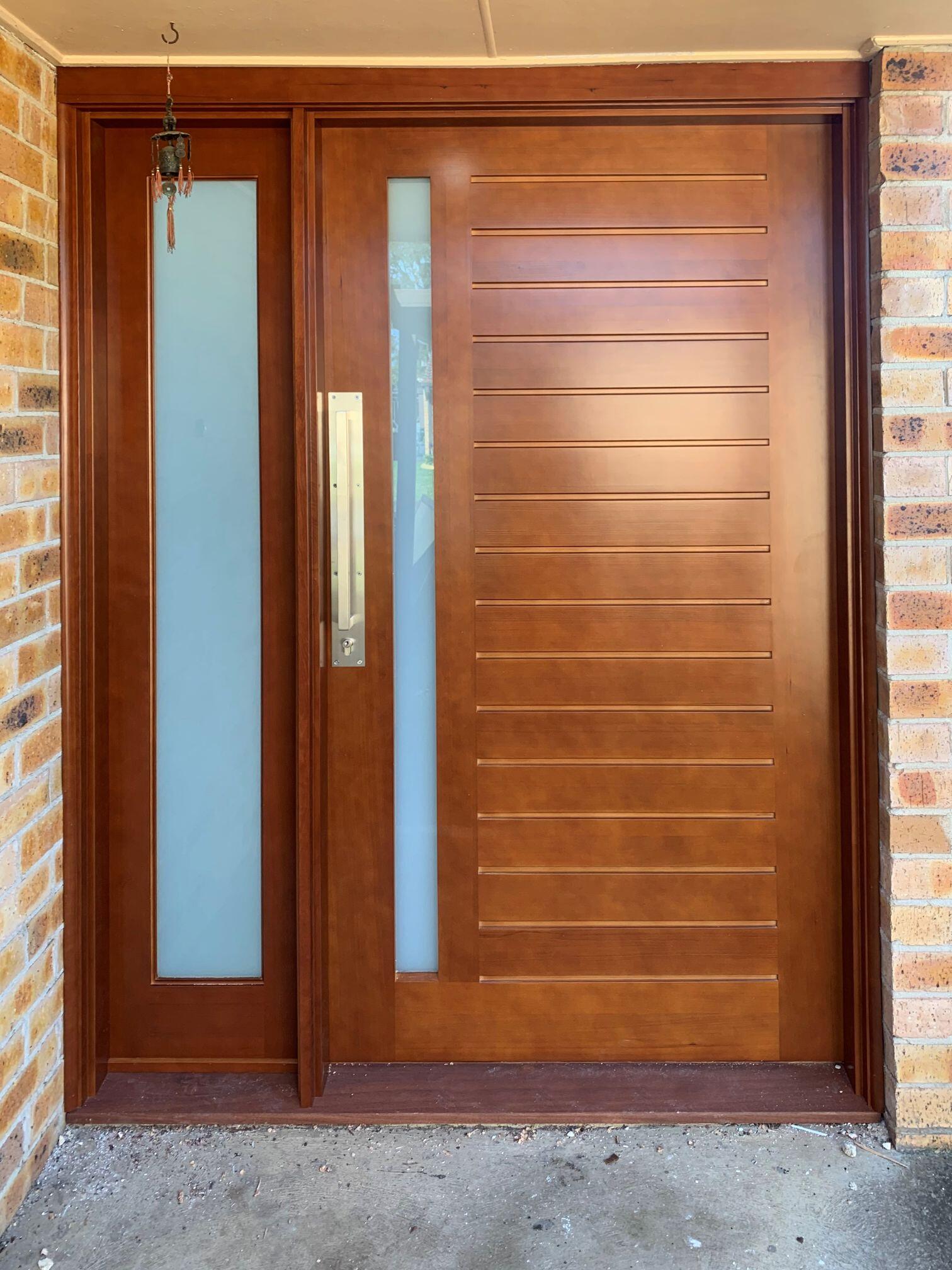 Doors Plus-External-Entry californian door-custom made wide door with side panel-stained in Dark Maple finish-with stainless steel pull handle