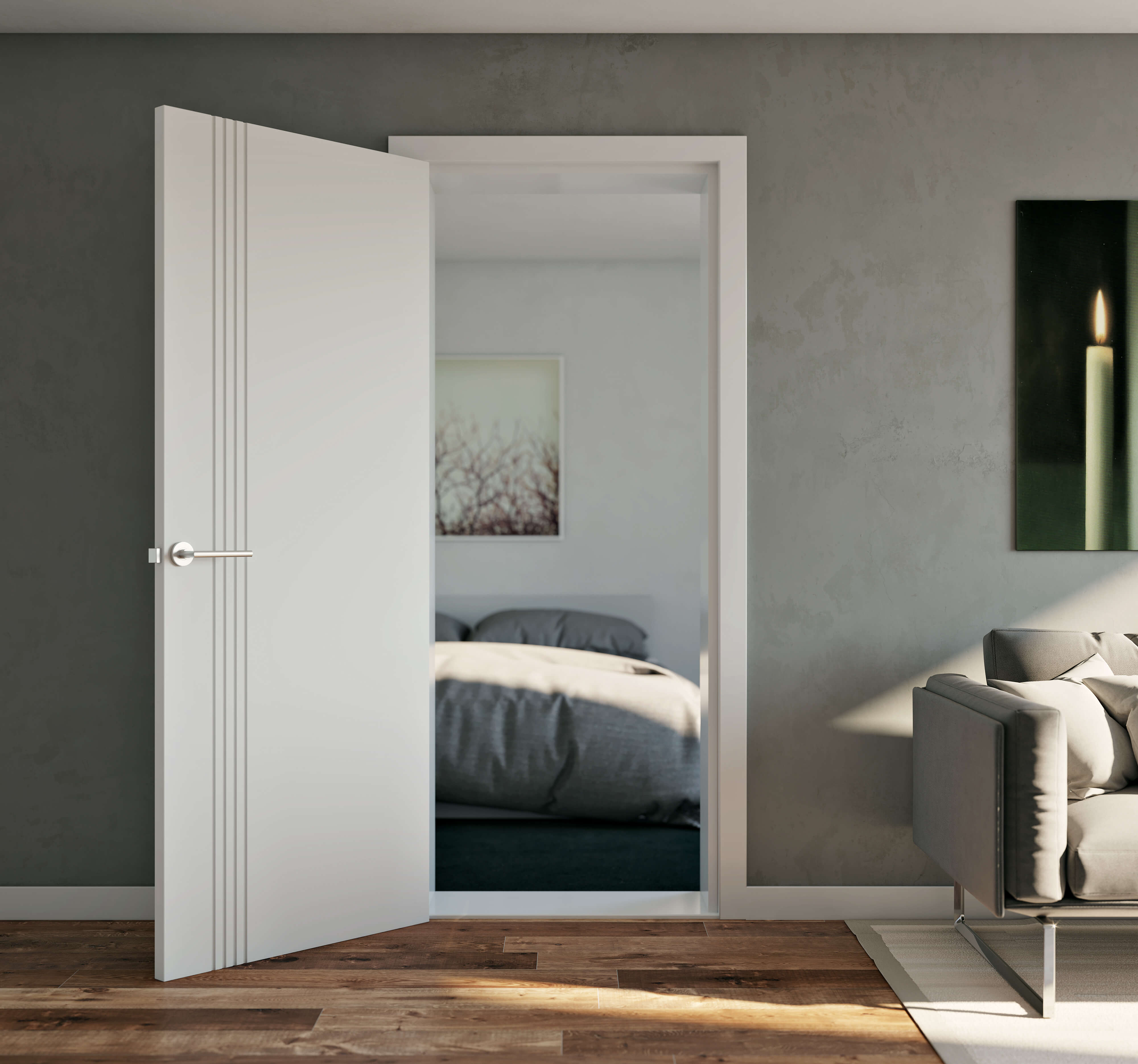 Doors Plus Internal Vogue Acoustic Bedroom door in painted white finish and privacy set