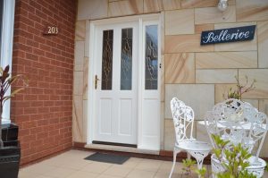 Doors Plus - External Double Doors Painted White with Decorative Glass Panels