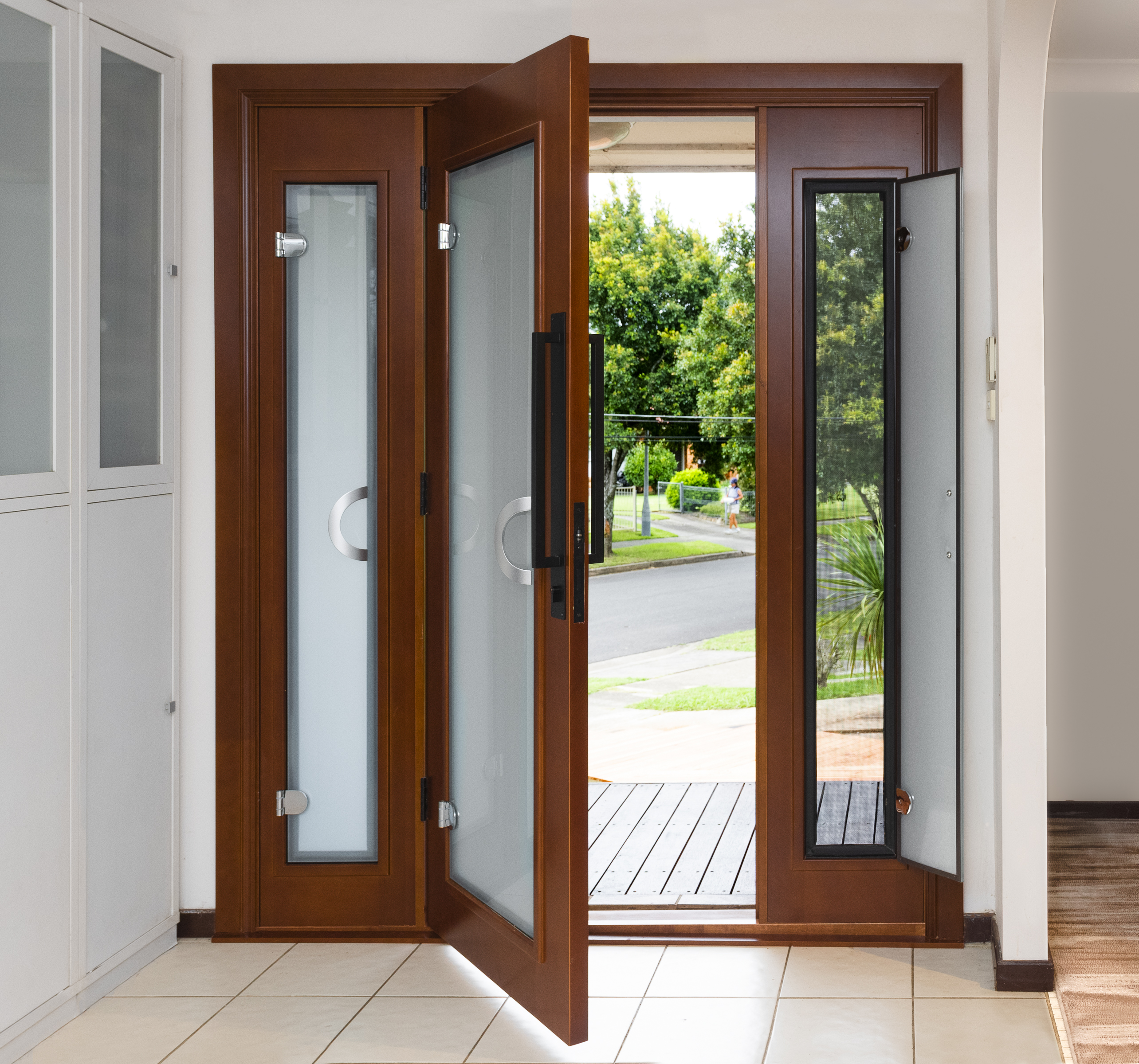 Doors Plus - Guardian 2-in-1 Doors with Side Lites in Dark Maple Finish