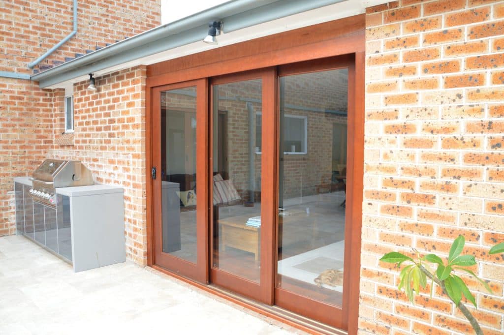 Doors Plus - External Solid Timber 3 Panel Stacking Door with Glass Panels in Pation - Stained Dark Maple