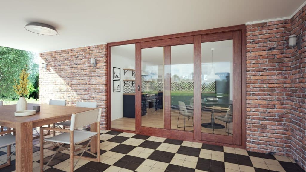 Doors Plus - External Solid Timber Stacking Door with Glass Panels in Pation - Stained Dark Maple