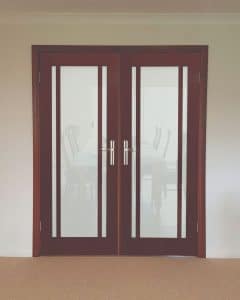 Doors Plus - Double Door Featuring Translucent Glass - Stained Dark Maple