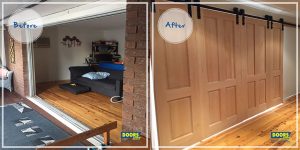 Doors Plus - 4 Panel Solid Wood Door on Barn Track - Before - After