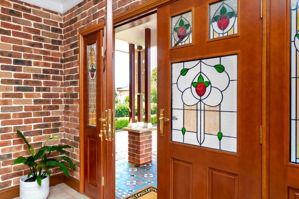 Doors Plus - Double Door With Patterned Glass - Stained Dark Maple