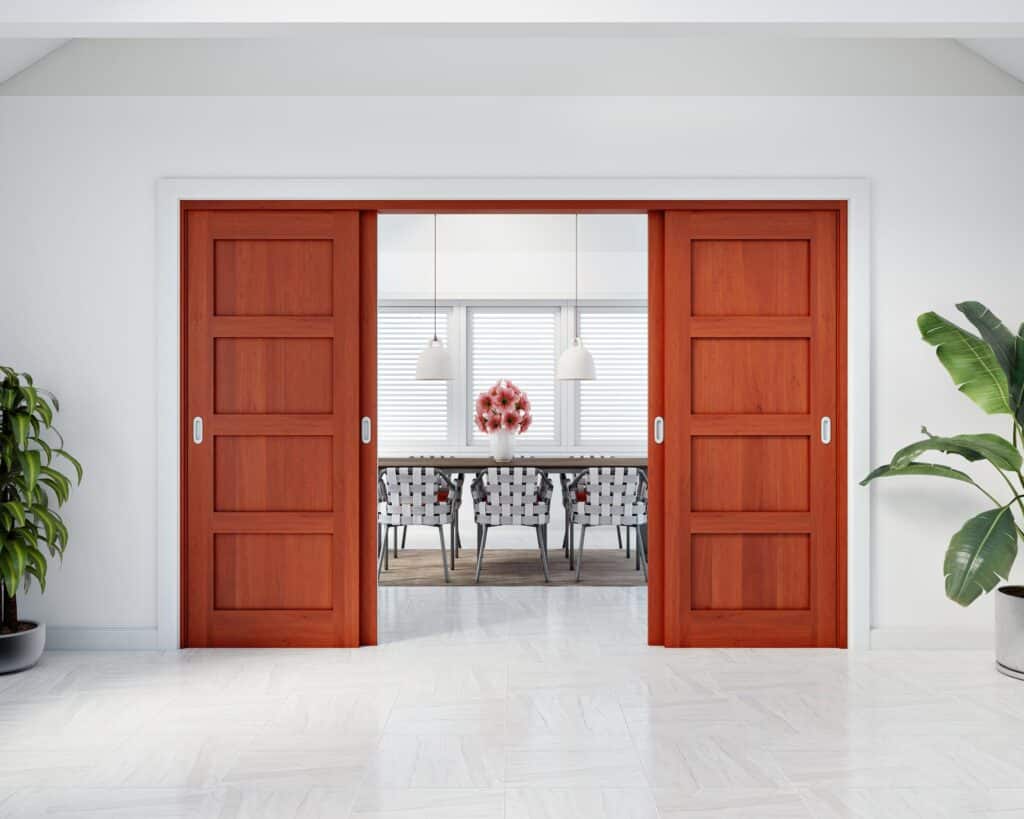 Doors Plus - Sliding Shaker Doors - Stained Dark Maple