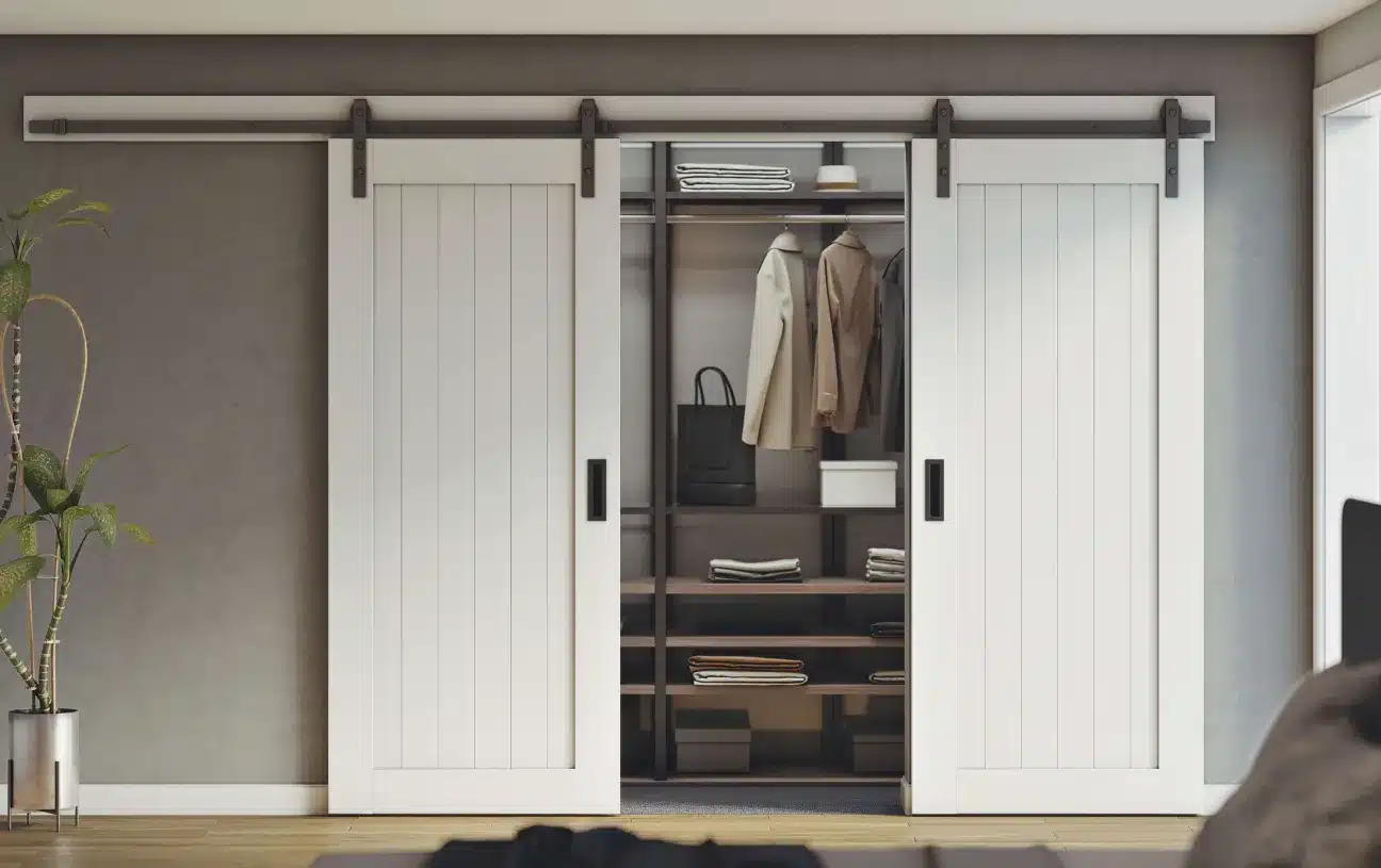 Doors Plus Internal Gelngary Barn Sliding double door Painted in white with Black Tracks and flush pull for your living room-opened