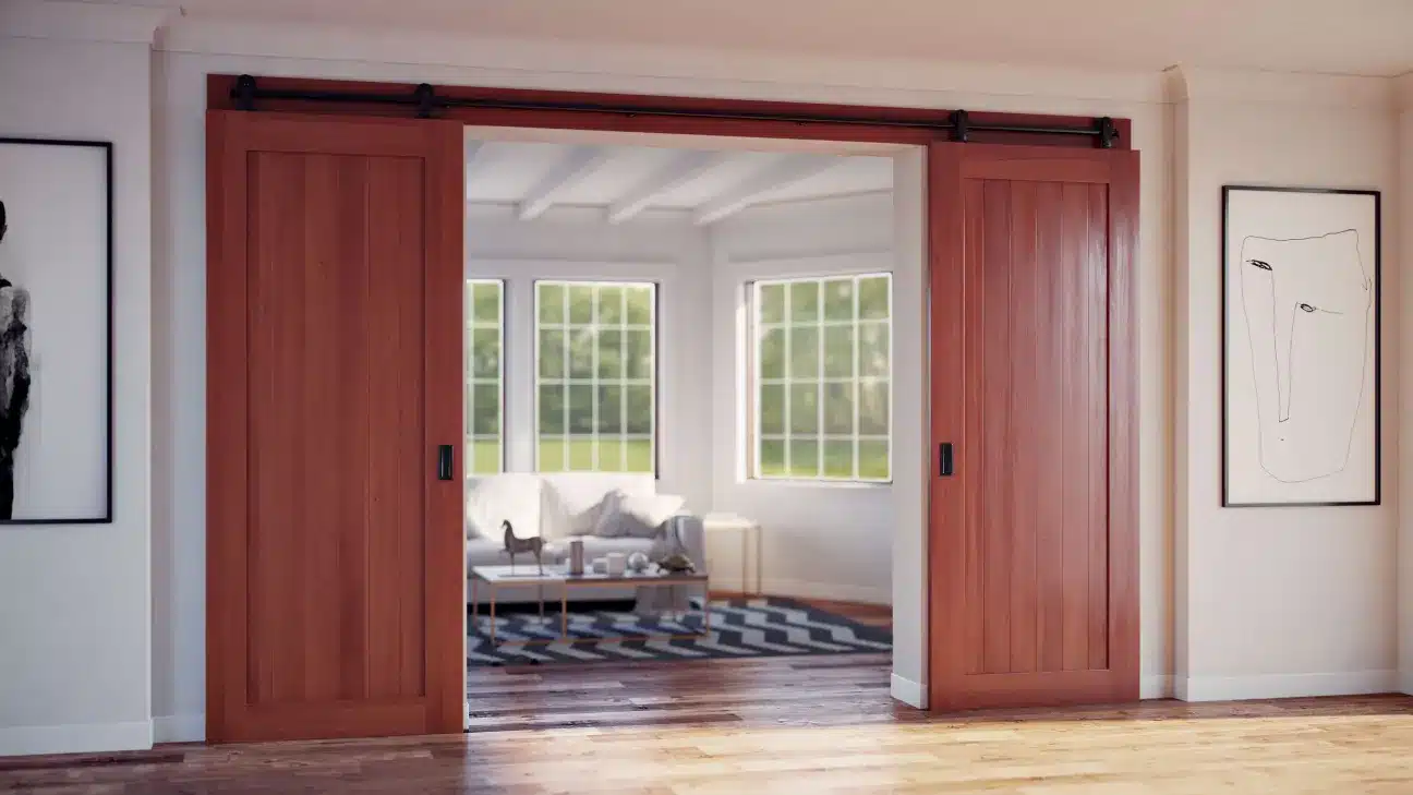 Doors Plus Internal Gelngary Barn Sliding double door Stained in Dark Maple with-Black Barn long Tracks for your living room opened